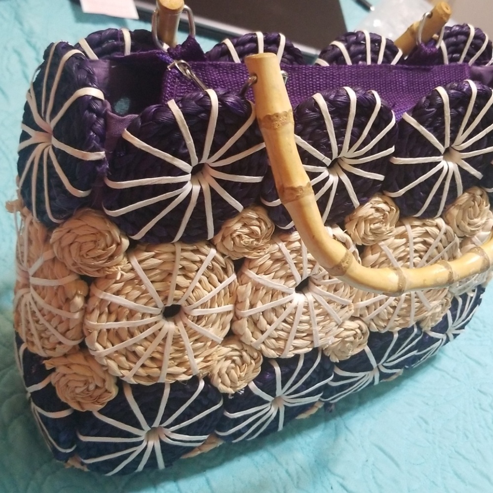 Straw Purse Dark Purple and Natural Straw